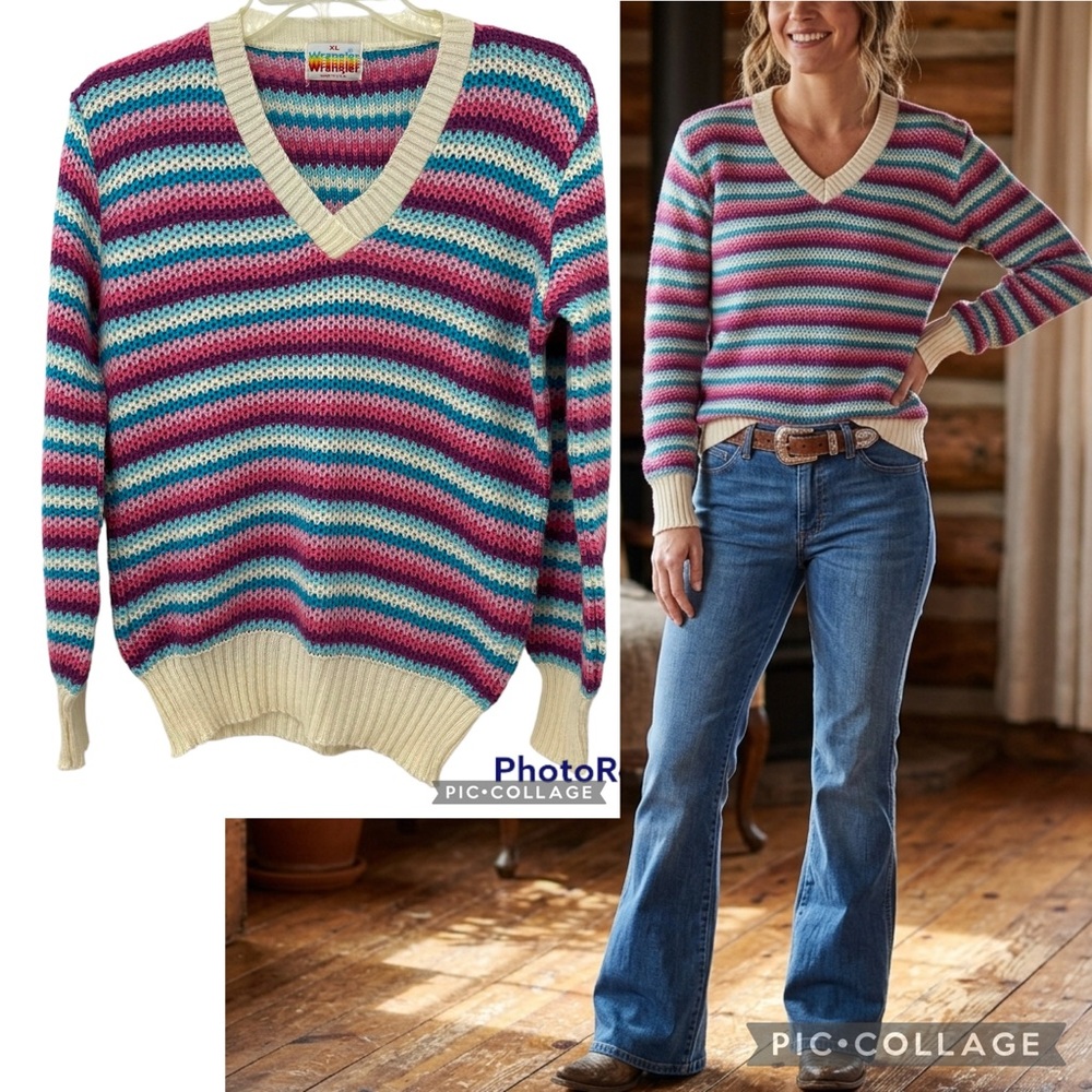 VTG Wrangler Striped V Neck Open Knit Sweater Multicolor Ribbed Waist USA Made M